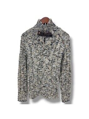 Energie Italy Shawl Neck Cable Knit Sweater XL Wool Blend Leather Toggle